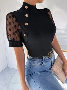 SHEIN Privé 紐扣細節網紗袖上衣 - 黑色 - 查看 5