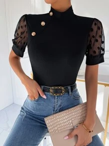 SHEIN Privé 紐扣細節網紗袖上衣 - 黑色 - 查看 6