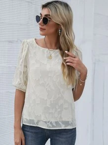 SHEIN LUNE Top de manga farol aplique - Beis - Ver 4