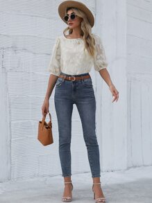 SHEIN LUNE Top de manga farol aplique - Beis - Ver 5