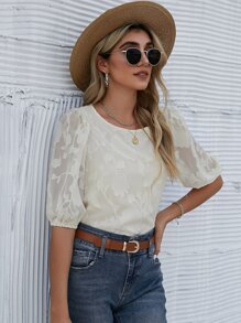 SHEIN LUNE Top de manga farol aplique - Beis - Ver 6