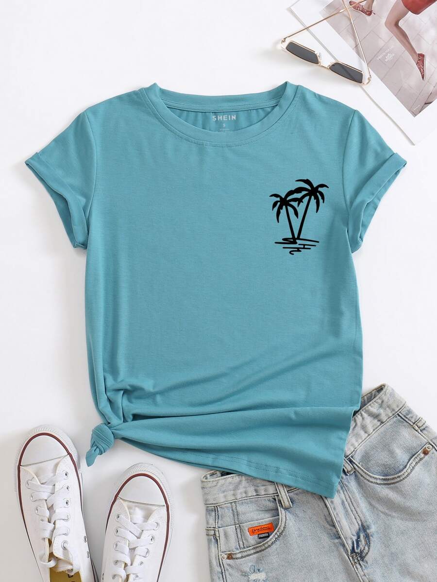 INAWLY Áo thun nữ Nhiệt đới Giải trí - Màu xanh Cadet - Xem 1