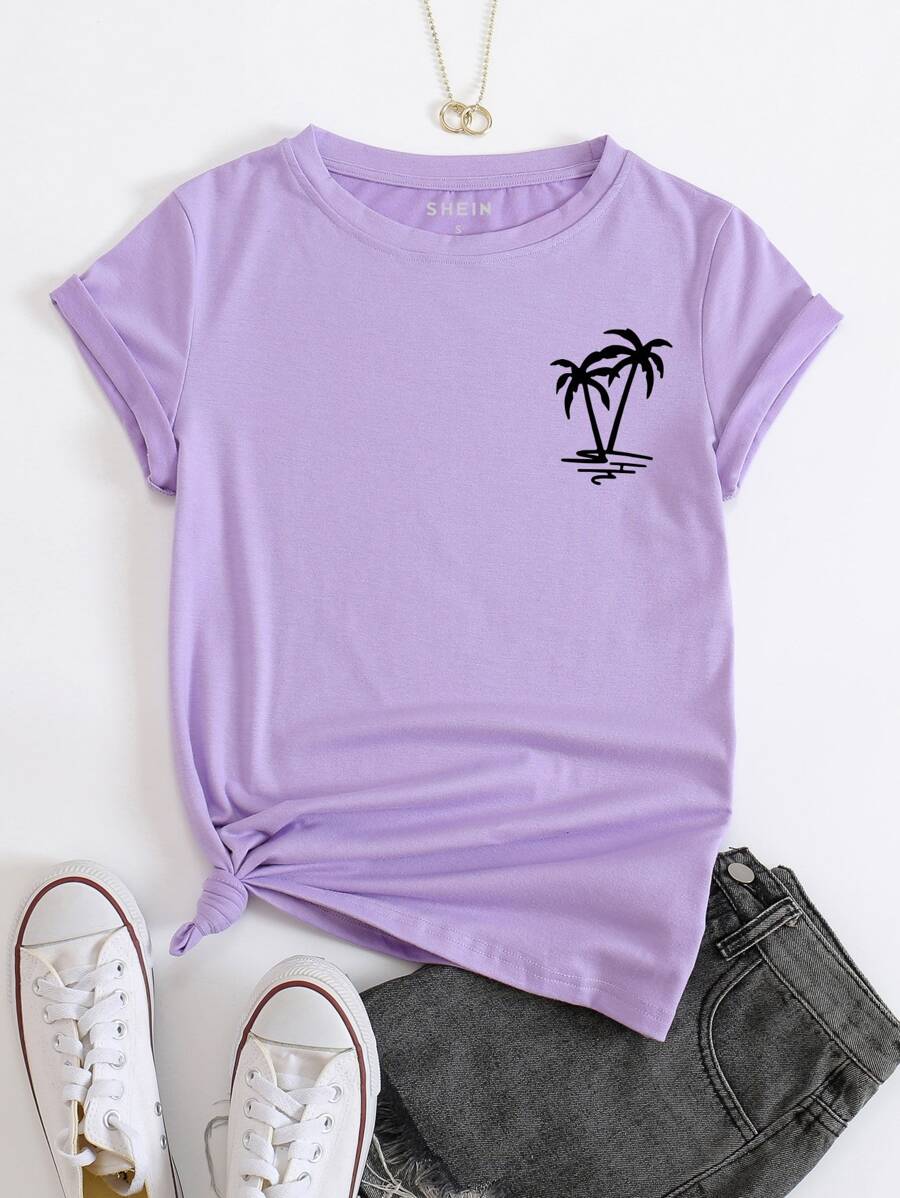 SHEIN VCAY Áo thun in hình cây cọ Áo thun họa tiết cho nữ - Màu Lilac Tím - Xem 1