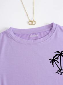 SHEIN VCAY Áo thun in hình cây cọ Áo thun họa tiết cho nữ - Màu Lilac Tím - Xem 5