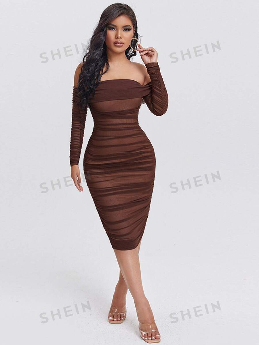 SHEIN SXY Vestido ajustado y sexy de malla marrón con volantes y hombros descubiertos para primavera y verano