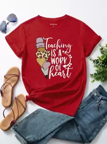 Slogan And Heart Print Tee - Burgundy - View 1