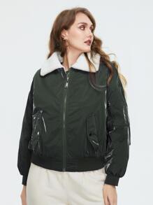 Plus Size Zipper Front Shearling Lined Padded Coat