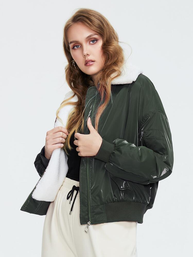 Plus Size Zipper Front Shearling Lined Padded Coat