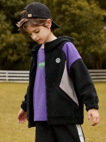 Niños Cazadora teddy con diseño de parche de manga raglán de color combinado con capucha - Multicolor - Ver 3