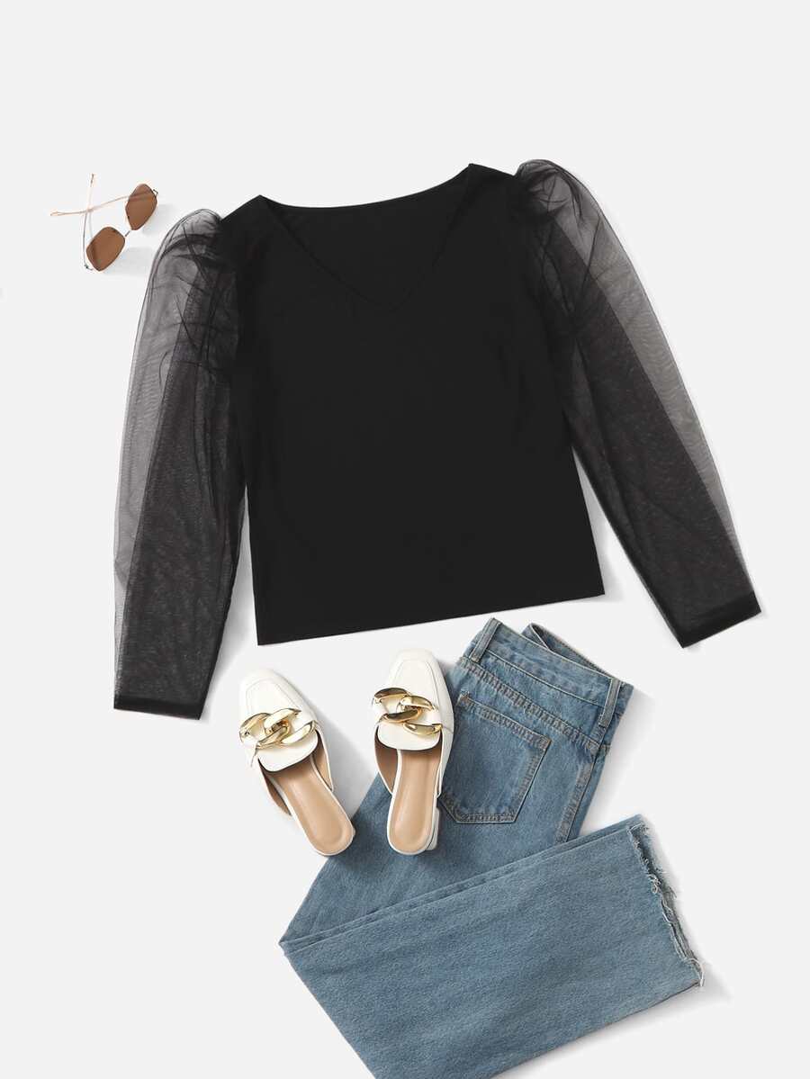 Plus Contrast Mesh Top - Black - View 1