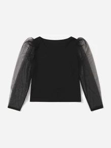 Plus Contrast Mesh Top - Black - View 3