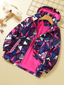 Girls Allover Geo Print Hooded Coat - Multicolor - View 1