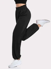 Pantalones de chándal de unicolor con bolsillo, dobladillo de volantes y cordón - Negro - Ver 3
