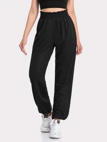 Pantalones de chándal de unicolor con bolsillo, dobladillo de volantes y cordón - Negro - Ver 5