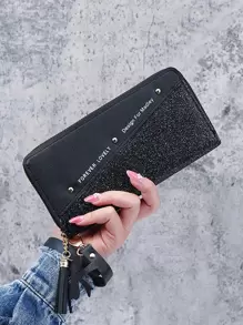 Yogodlns Tassel Decor Glitter Checkbook Cover Slim Portable Cash White-Collar Workers For Female College Work Business Commute Office For Anniversary For Birthday Gift On Valentine Day Gift Gift Wristlet Wallet Wristlet Wallet For Women Wallet Purse Wallet Long Wallet - Black - View 4