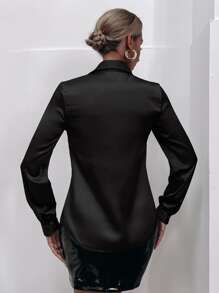 Leighera Satin Solid Button Front Shirt,Long Sleeve Tops Fall Cloth For Women - Black - View 2