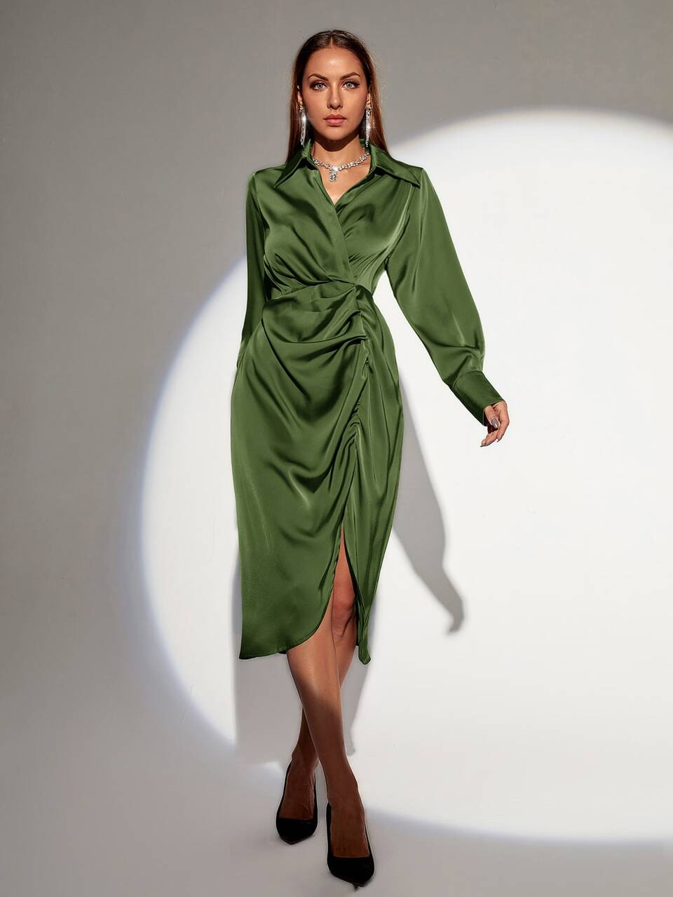 Ruched Split Thigh Satin Dress
