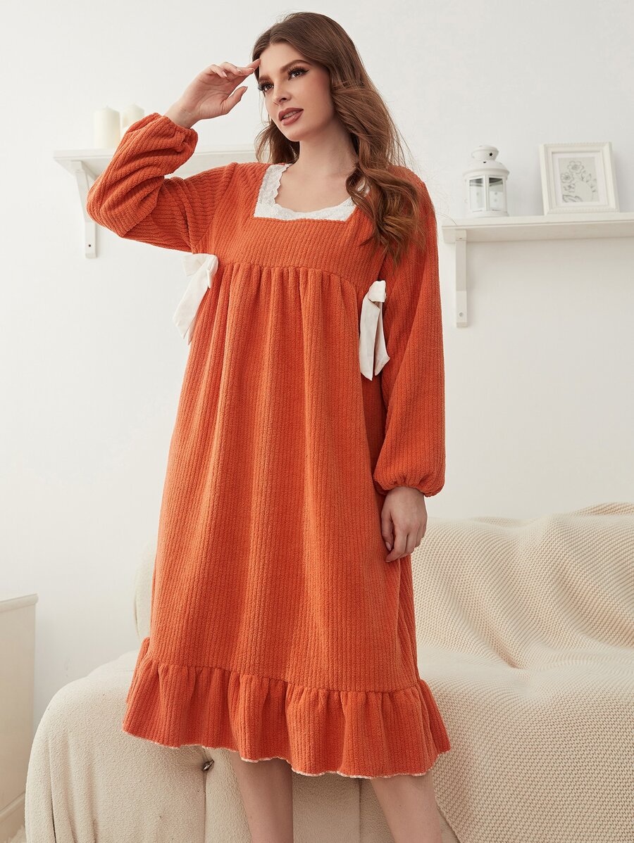 Váy ngủ & áo ngủ Nữ Nơ Bướm Tương phản ren Thắt nút màu trơn Dễ thương - trái cam - Xem 1