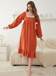 Váy ngủ & áo ngủ Nữ Nơ Bướm Tương phản ren Thắt nút màu trơn Dễ thương - trái cam - Xem 3