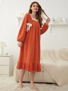 Váy ngủ & áo ngủ Nữ Nơ Bướm Tương phản ren Thắt nút màu trơn Dễ thương - trái cam - Xem 4