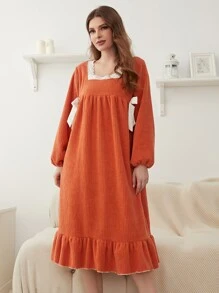 Váy ngủ & áo ngủ Nữ Nơ Bướm Tương phản ren Thắt nút màu trơn Dễ thương - trái cam - Xem 5