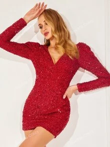 Double Crazy Plunging Neck Gigot Sleeve Sequin Bodycon Dress