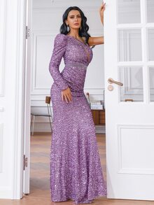 Missord Đầm Bất đối xứng Cắt ra Pha lê kim cương Dây kéo màu trơn Hấp dẫn - Màu Lilac Tím - Xem 3