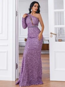 Missord Đầm Bất đối xứng Cắt ra Pha lê kim cương Dây kéo màu trơn Hấp dẫn - Màu Lilac Tím - Xem 4
