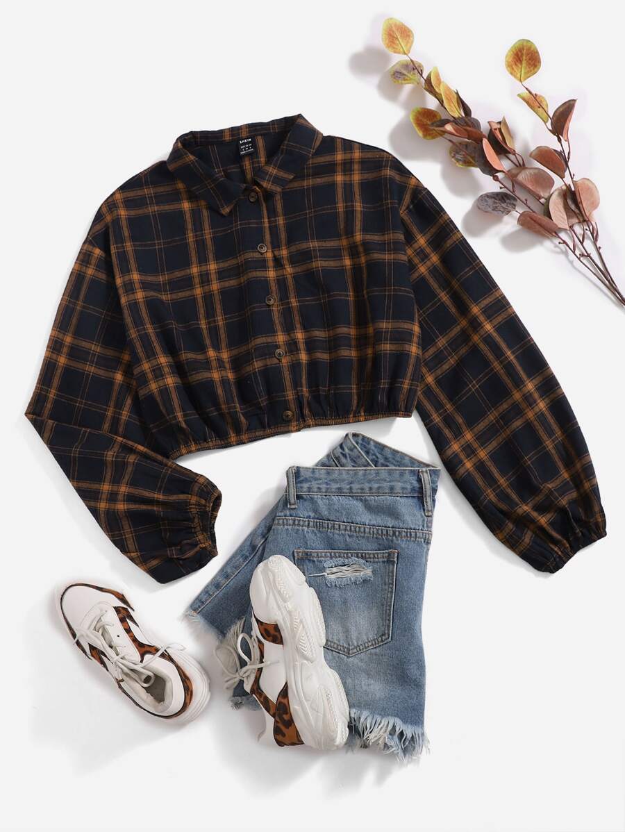 Muchica 落肩袖格子呢圖案短款襯衫 - 彩色 - 查看 1