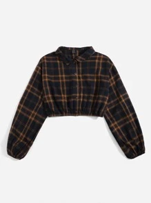 Muchica 落肩袖格子呢圖案短款襯衫 - 彩色 - 查看 3