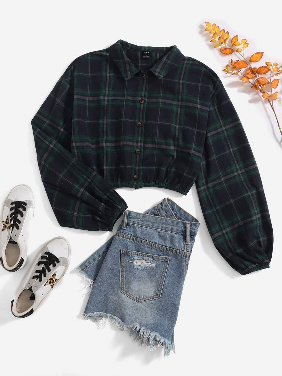 SHEIN EZwear 落肩袖格子呢圖案短款襯衫 - 彩色 - 查看 1