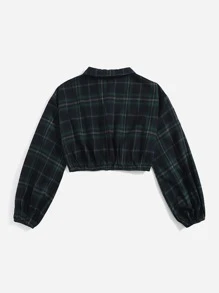 SHEIN EZwear 落肩袖格子呢圖案短款襯衫 - 彩色 - 查看 2