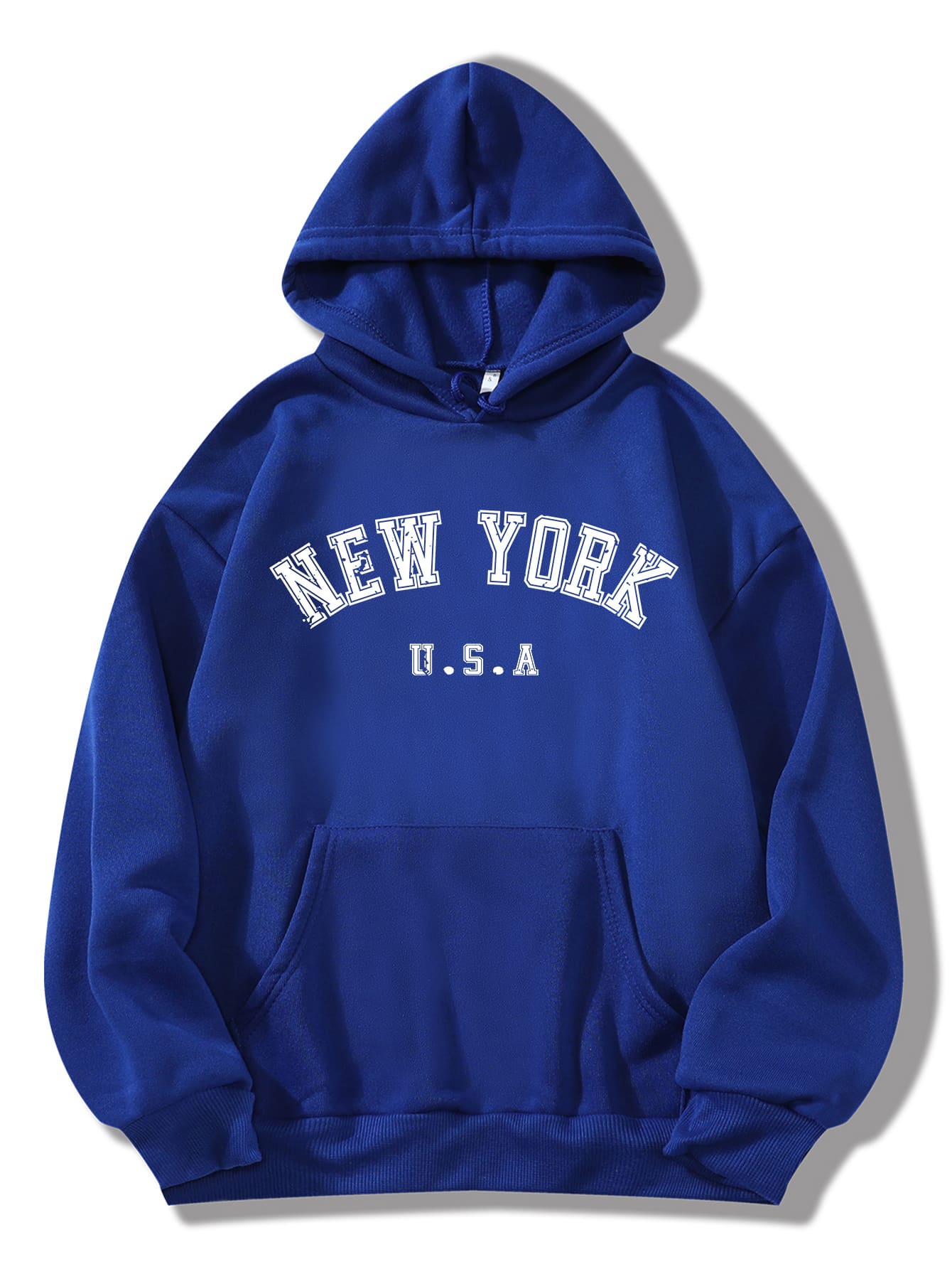 SHEIN EZwear Letter Graphic Kangaroo Pocket Drawstring Thermal Hoodie - Royal Blue - View 1