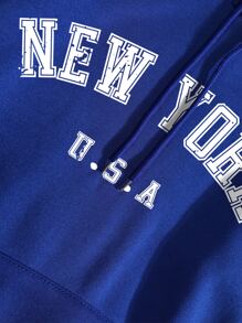 SHEIN EZwear Letter Graphic Kangaroo Pocket Drawstring Thermal Hoodie - Royal Blue - View 8