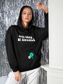 themindfulbutterflyy Drop Shoulder Slogan & Floral Pattern Hoodie - Black - View 1