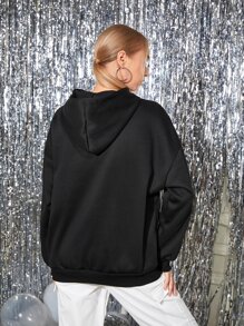 themindfulbutterflyy Drop Shoulder Slogan & Floral Pattern Hoodie - Black - View 2