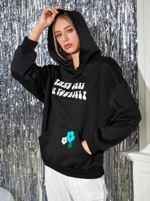 themindfulbutterflyy Drop Shoulder Slogan & Floral Pattern Hoodie - Black - View 3