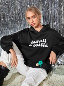 themindfulbutterflyy Drop Shoulder Slogan & Floral Pattern Hoodie - Black - View 5