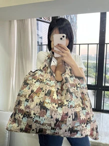 1pc Cat Pattern Portable Shopping Bag, Cartoon Animal Print Polyester Storage Bag For Household - Multicolor - View 1