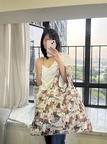 1pc Cat Pattern Portable Shopping Bag, Cartoon Animal Print Polyester Storage Bag For Household - Multicolor - View 2