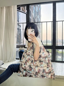 1pc Cat Pattern Portable Shopping Bag, Cartoon Animal Print Polyester Storage Bag For Household - Multicolor - View 4