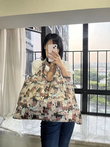 1pc Cat Pattern Portable Shopping Bag, Cartoon Animal Print Polyester Storage Bag For Household - Multicolor - View 3