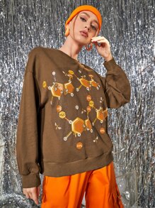 Tobefonseca Drop Shoulder Letter & Graphic Print Sweatshirt - Brown - View 3
