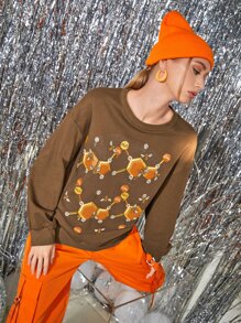 Tobefonseca Drop Shoulder Letter & Graphic Print Sweatshirt - Brown - View 4