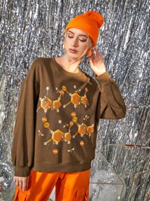 Tobefonseca Drop Shoulder Letter & Graphic Print Sweatshirt - Brown - View 5
