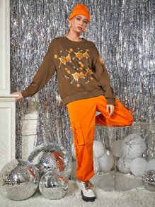 Tobefonseca Drop Shoulder Letter & Graphic Print Sweatshirt - Brown - View 6