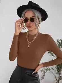 SHEIN Clasi 秋冬立领罗纹针织毛衣 - 咖啡棕 - 查看 1