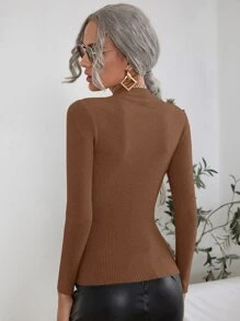 SHEIN Clasi 秋冬立领罗纹针织毛衣 - 咖啡棕 - 查看 2