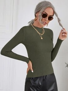 SHEIN Clasi 高领罗纹针织毛衣，长袖上衣 - 軍綠色 - 查看 4