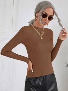 SHEIN Clasi 秋冬立领罗纹针织毛衣 - 咖啡棕 - 查看 4